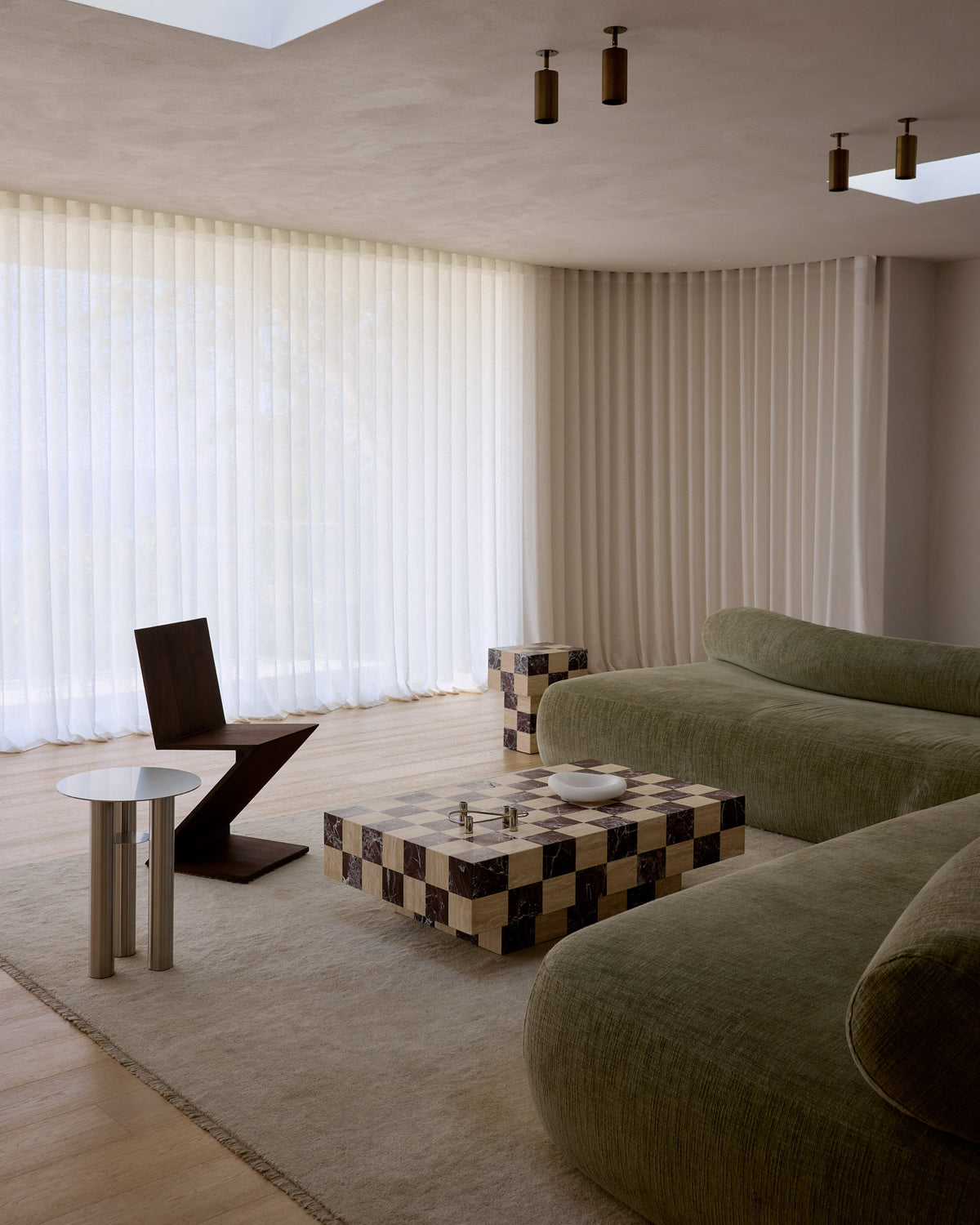A modern checkered coffee table styled in a living room