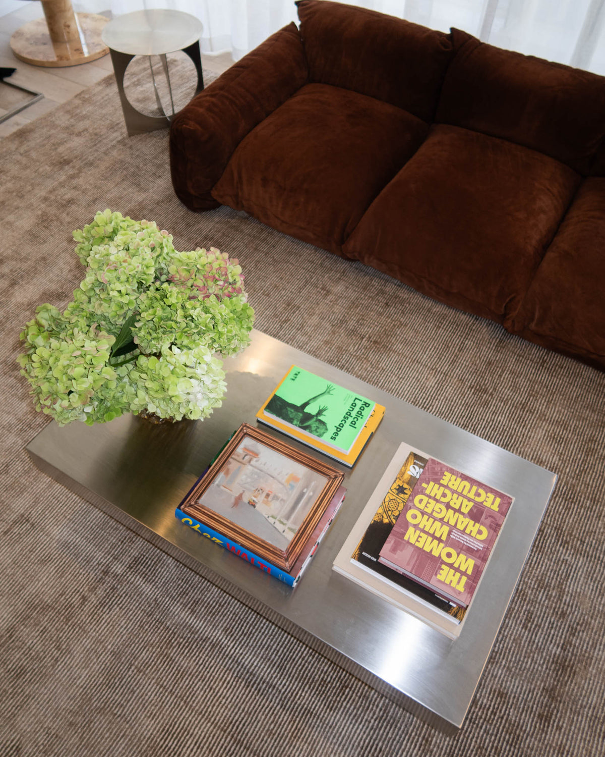 Modern stainless steel coffee table.
