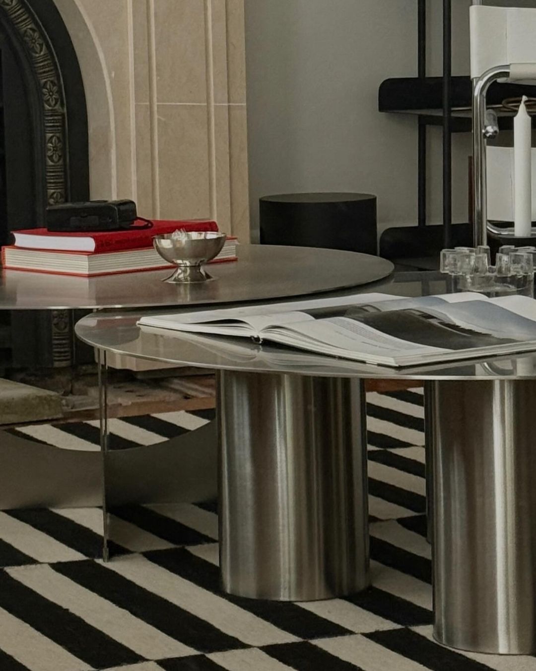 Living room with a stainless steel coffee table