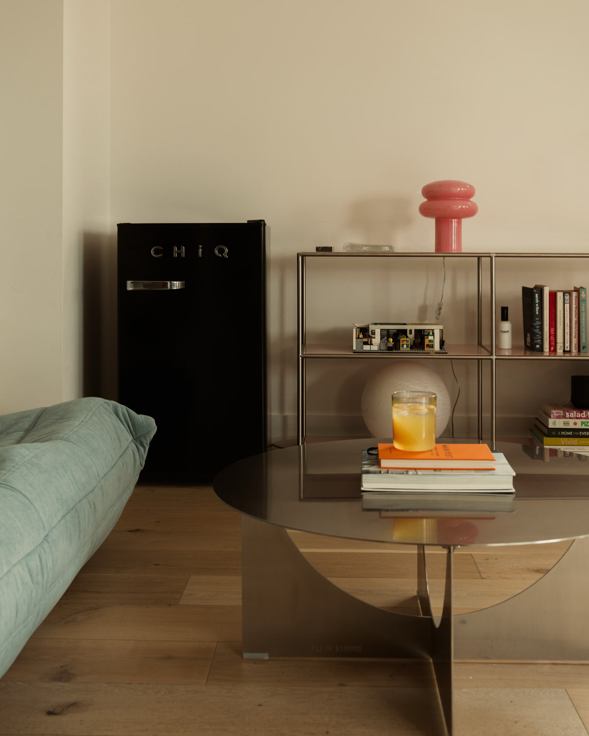 Living room with a stainless steel coffee table