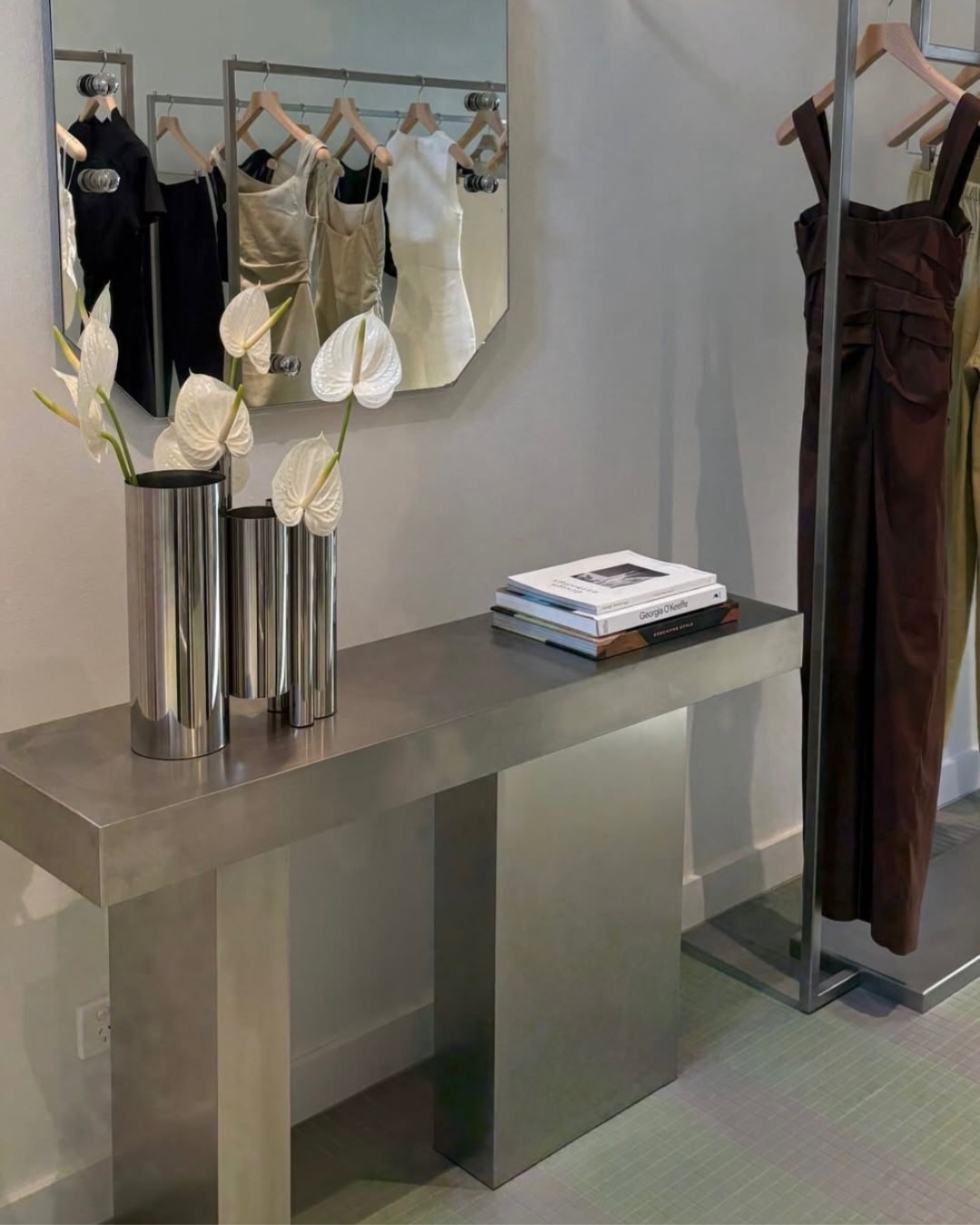 Stainless steel console styled in a boutique
