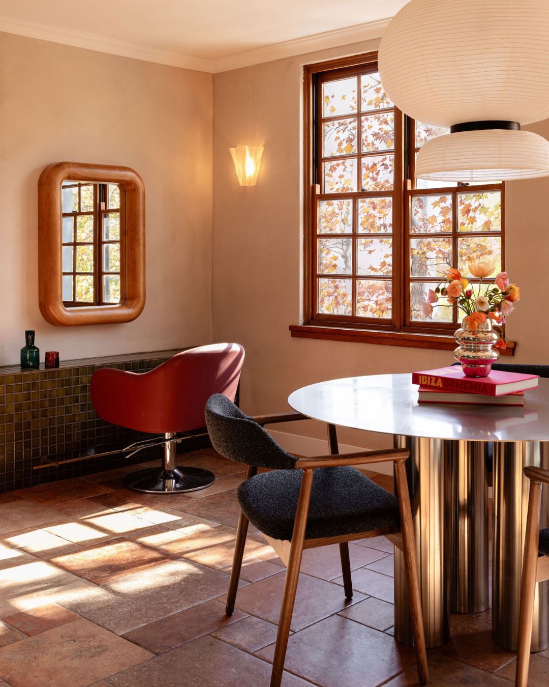 Hair salon styled with a stainless steel table