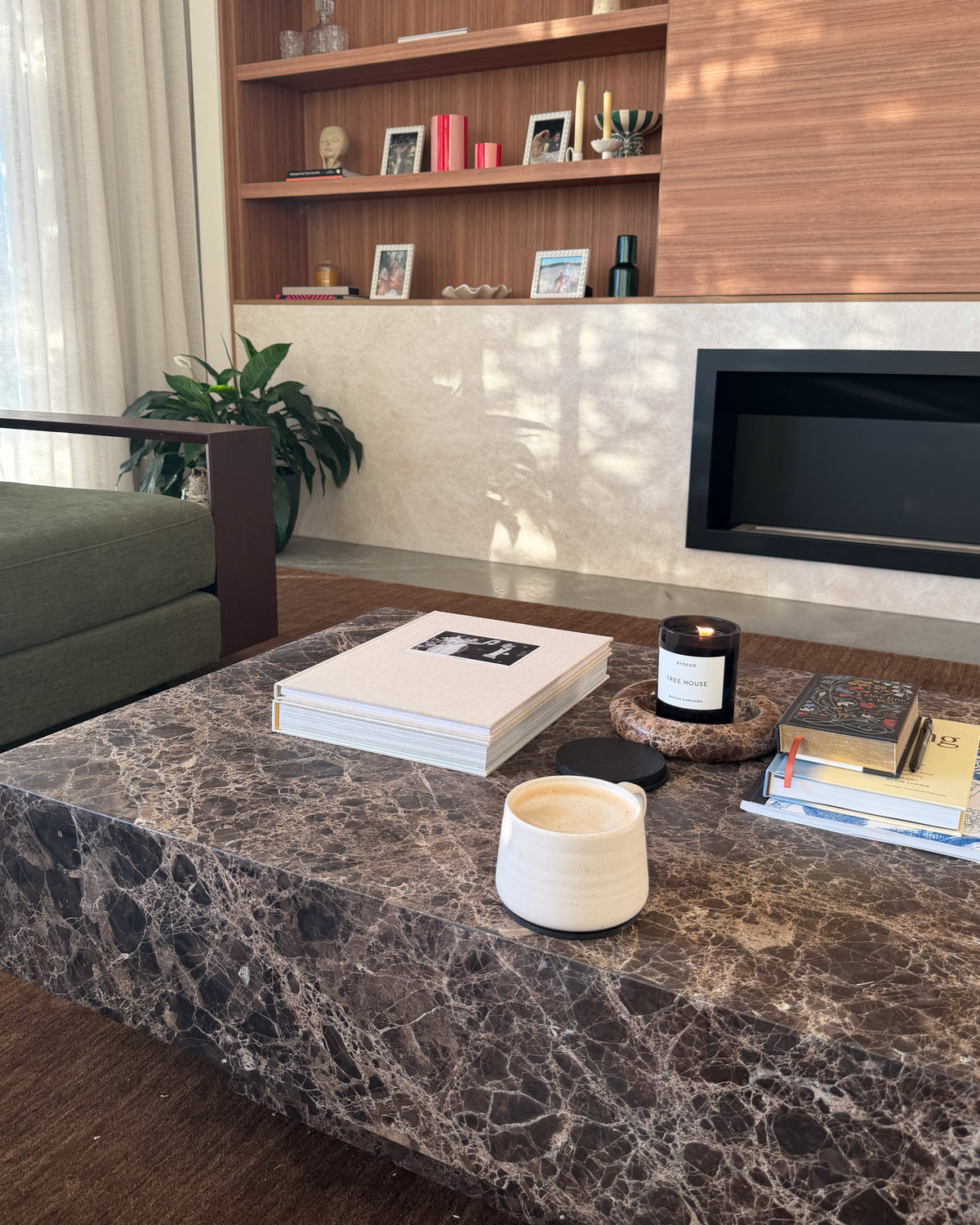 Chocolate marble coffee table styled