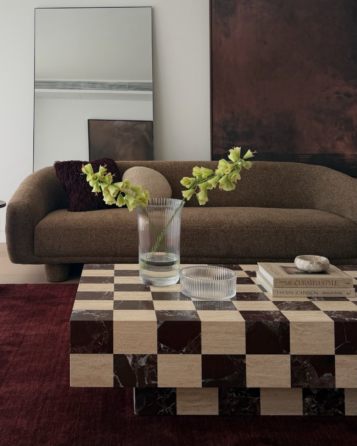 Modern living room featuring a checkered marble coffee table