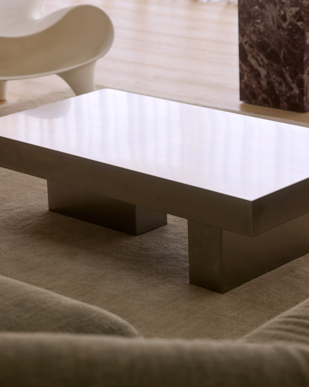 Modern stainless steel coffee table.