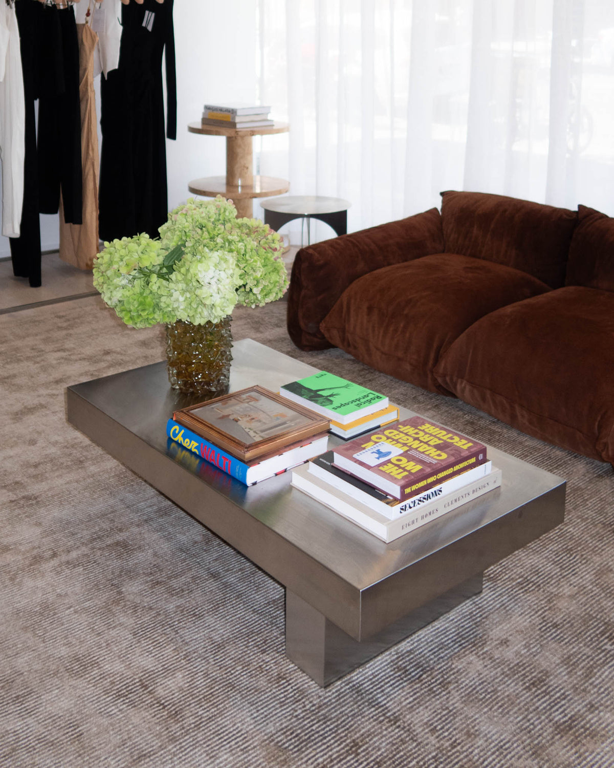 Modern stainless steel coffee table styled.