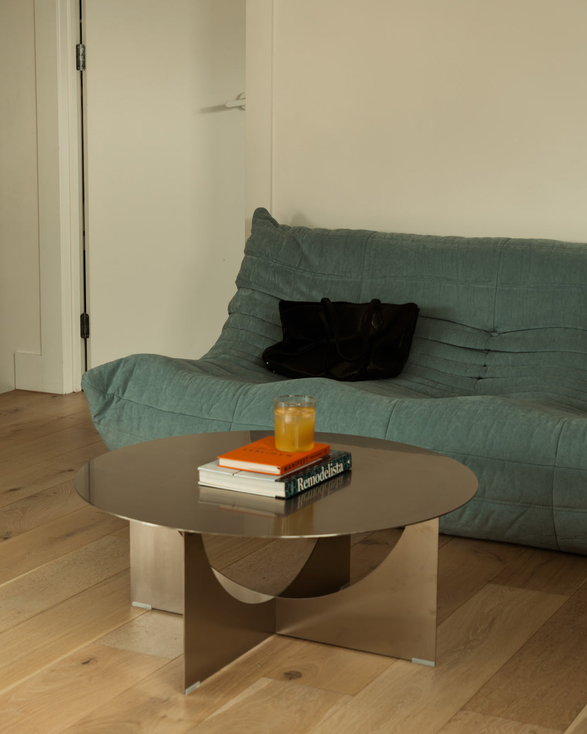 Living room with a stainless steel coffee table