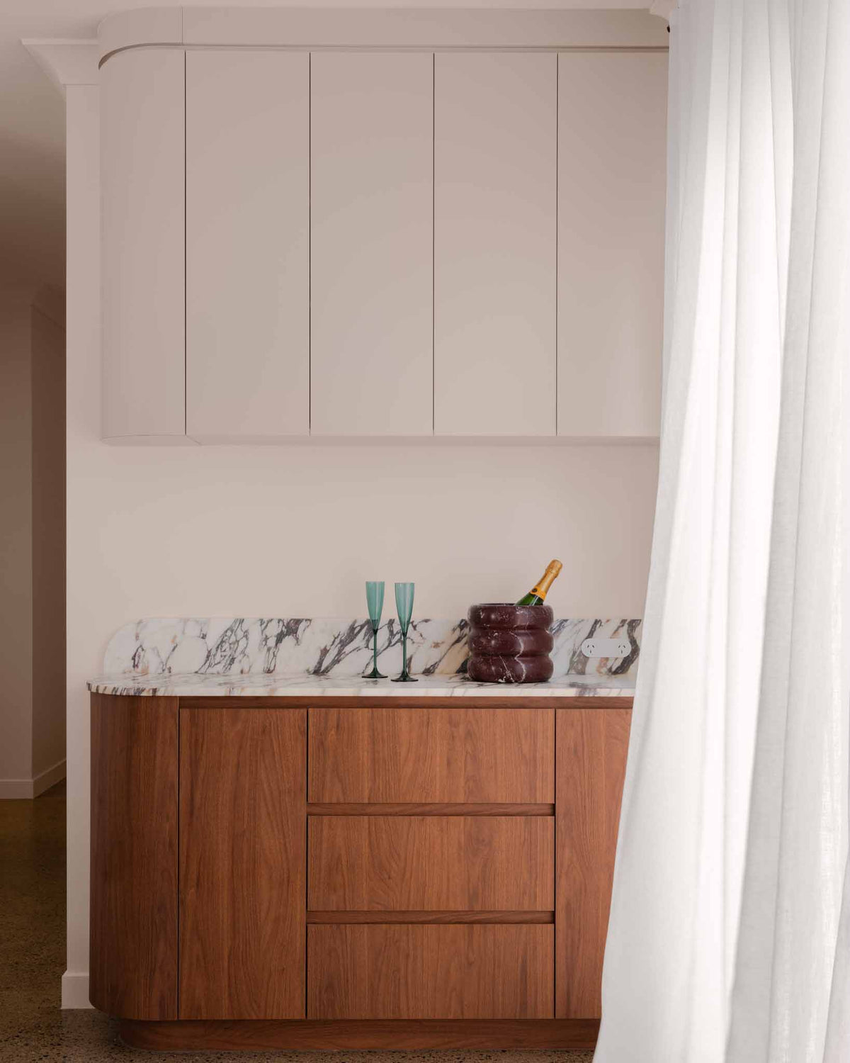 Rosa levanto marble champagne cooler styled in a kitchen
