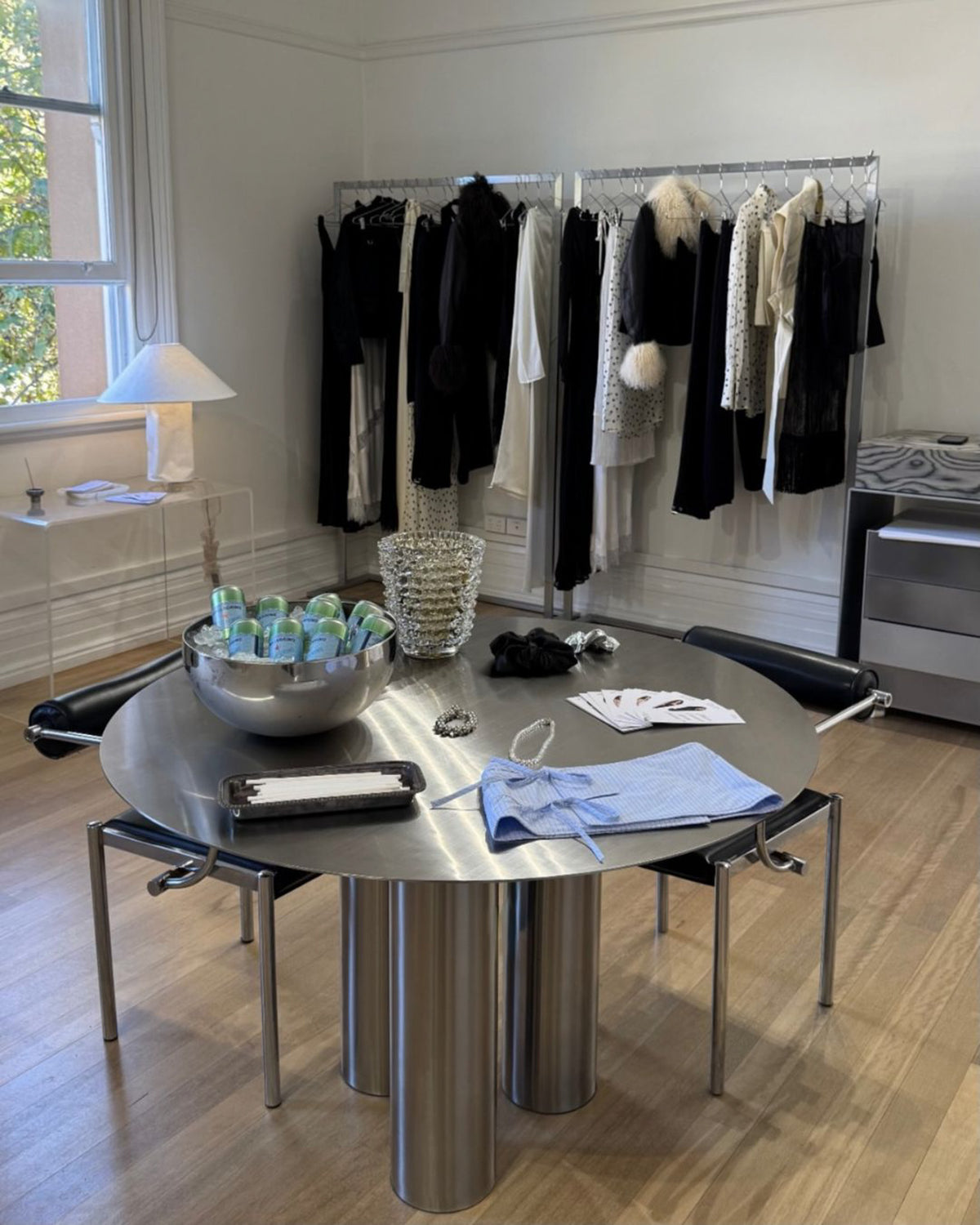 Boutique styled with a stainless steel table