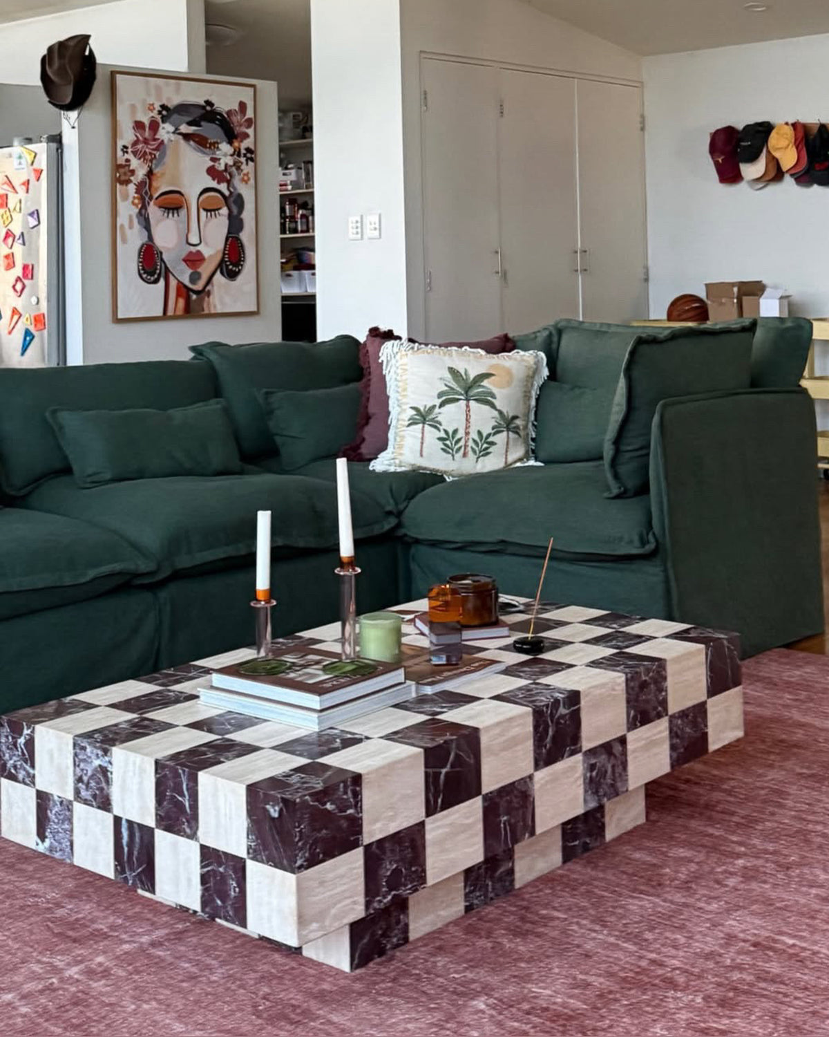 Checkered marble coffee table styled in a living room