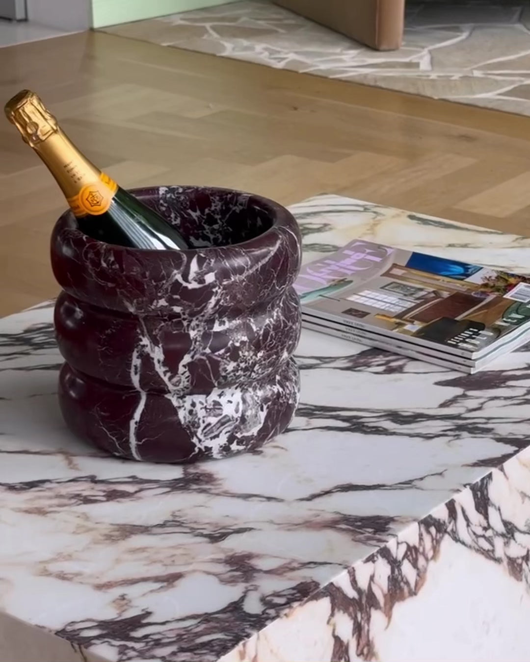 Rosa levanto marble champagne cooler styled on a coffee table